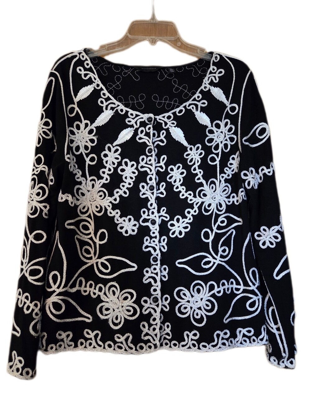 Investments Black/White Embrodiered Cardigan Artsy Romantic Size Large
